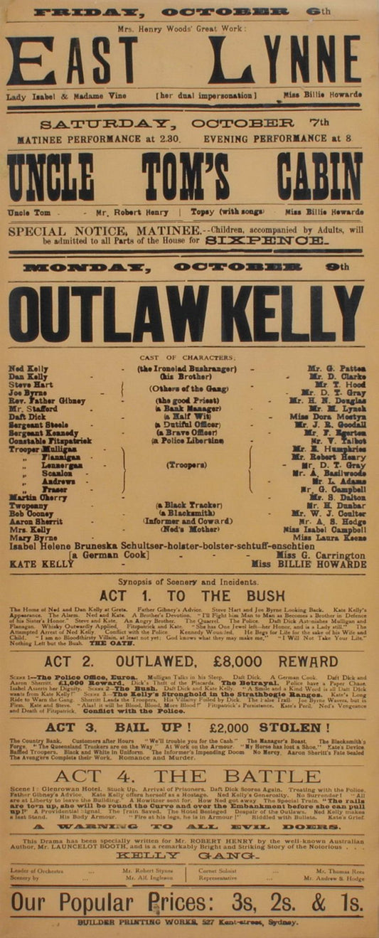 "Outlaw Kelly", "East Lynne" <i>and</I> "Uncle Tom's Cabin" [Stage Performances]